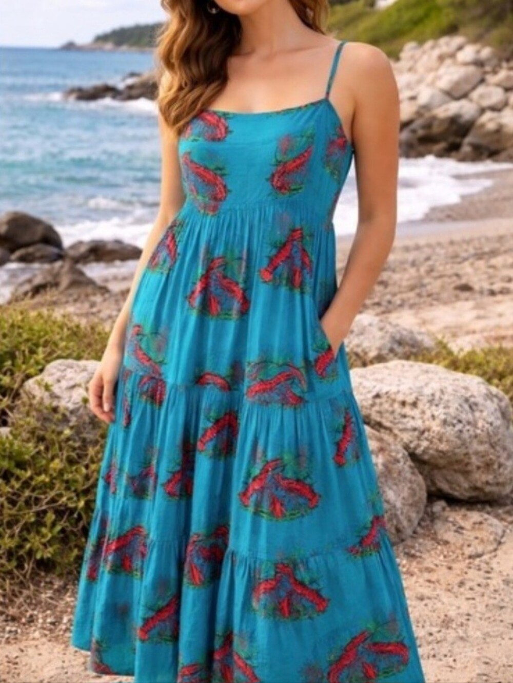 J. Crew Turquoise Maxi Dress with Red Floral Print